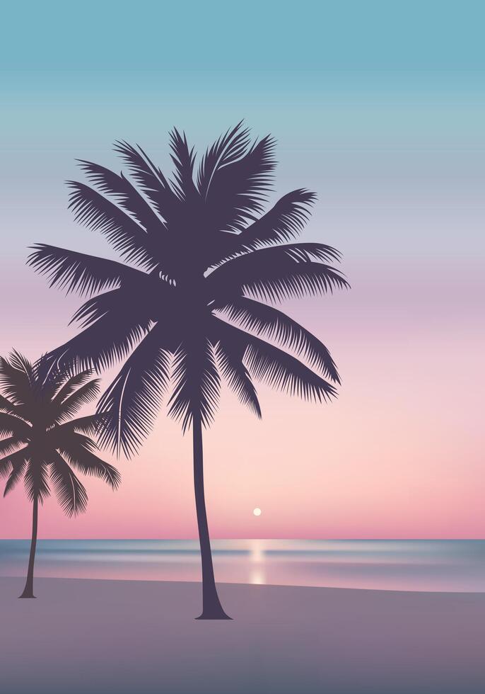 Sun set background with silhouette of palm tree illustration, for design elements. vector