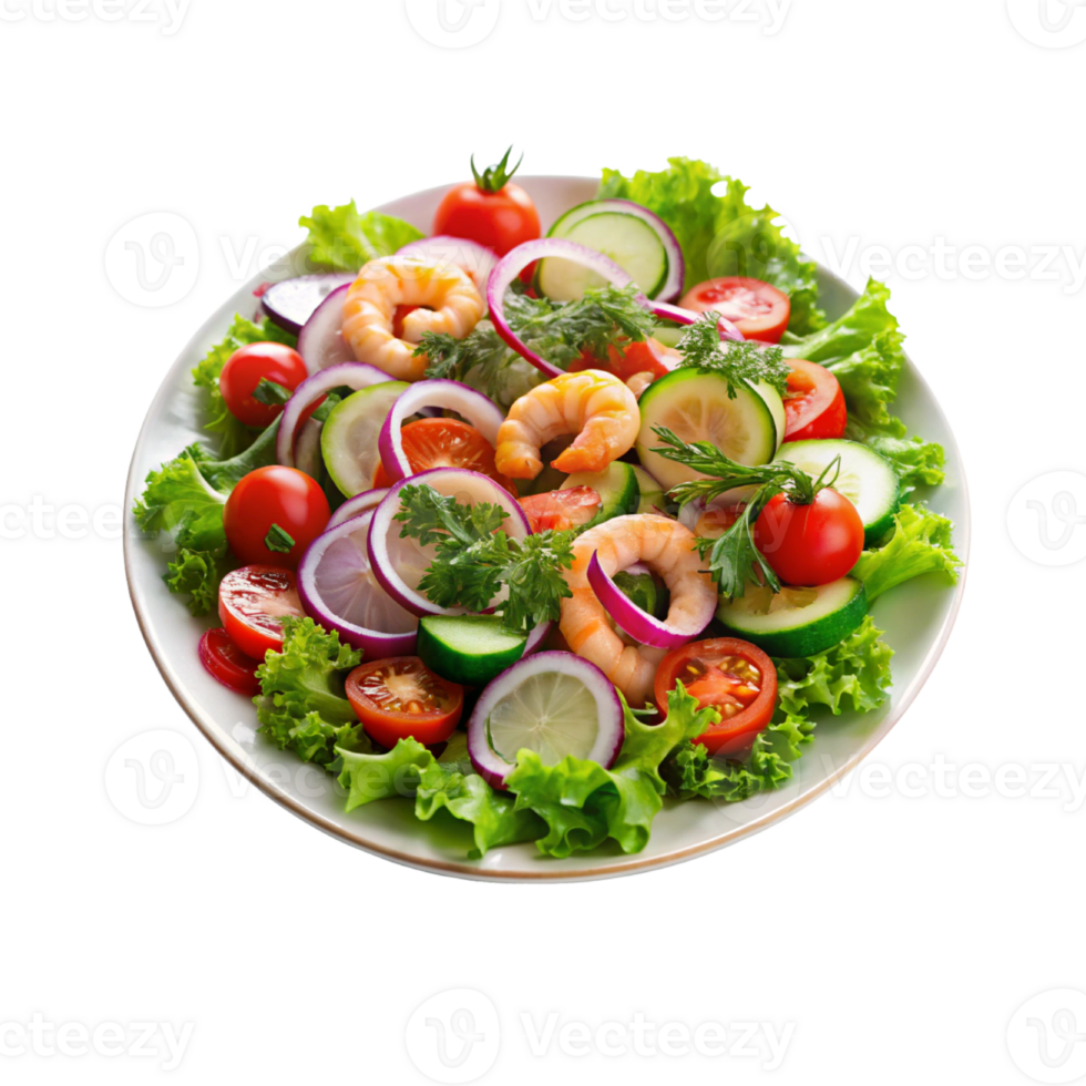 a salad with shrimp, tomatoes, cucumbers and onions png