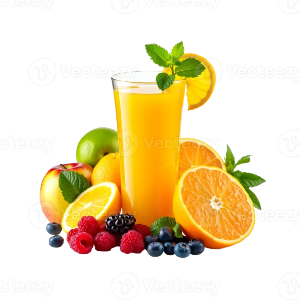 fresh fruit juice with orange, blueberry, raspberries and berries isolated on transparent background png