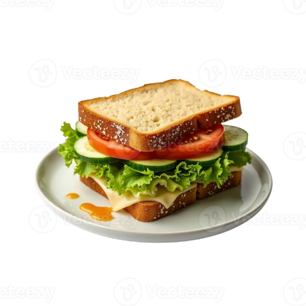 sandwich with lettuce, tomato, cucumber and cheese on a white plate png