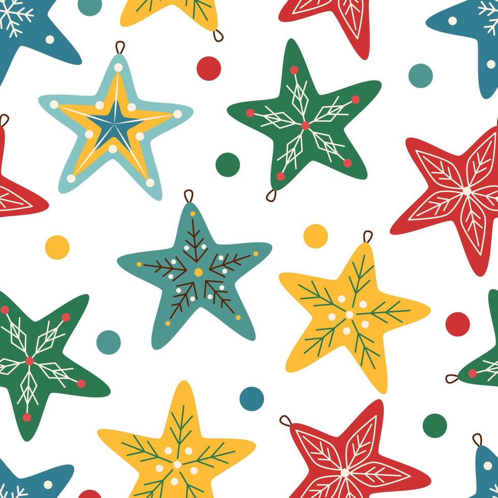 Christmas seamless pattern of Christmas ornaments on the shape of stars on white background. Christmas background. Christmas concept. vector