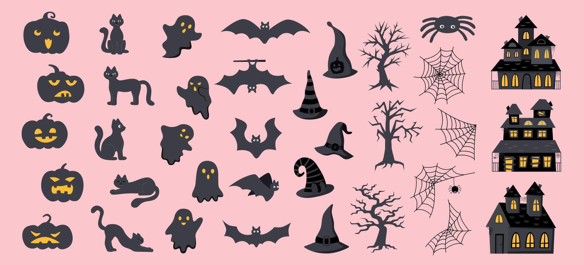 Set of Halloween elements on pink background. Halloween concept. Halloween objects. vector