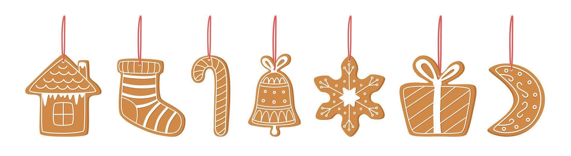 Set of Christmas hanging gingerbreads isolated. Sustainable Christmas ornaments set. Sustainable Christmas concept. vector