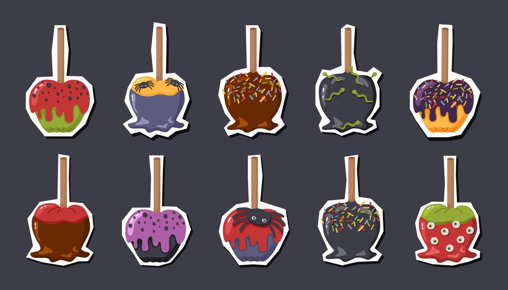 Set of Halloween creepy apples stickers. Halloween sweets. Halloween concept. vector