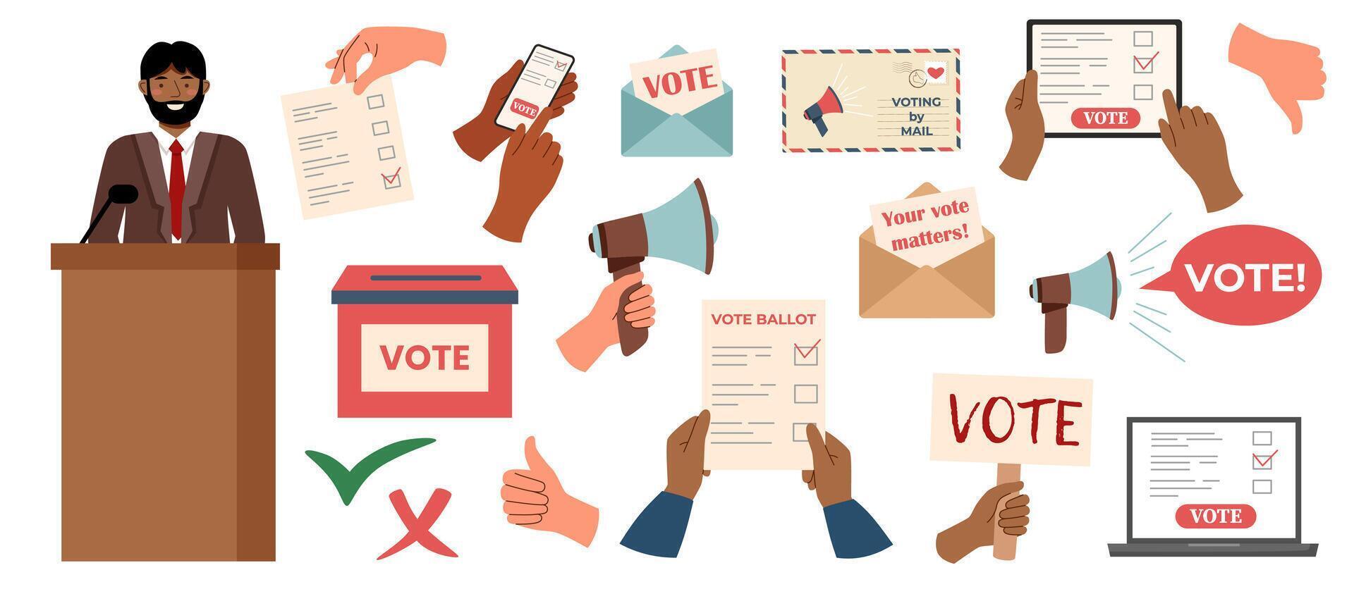 Set of vote elements isolated on white. Voting concept. Election campaign. Democracy vote. Vote politics. vector