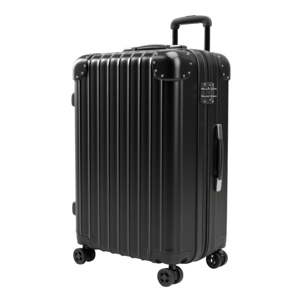 Black carbon fiber travel suitcase Isolated on transparent background. png