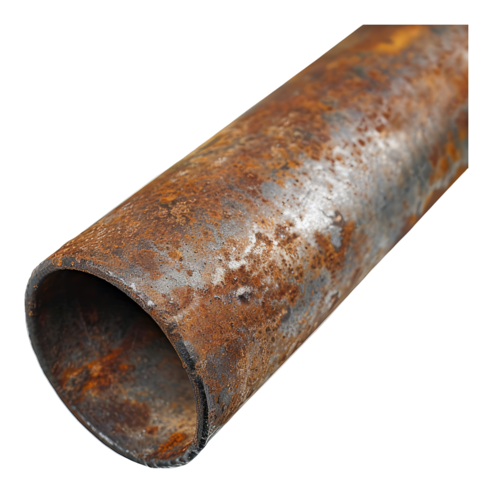Close up of rusty iron pipe isolated on transparent background. png