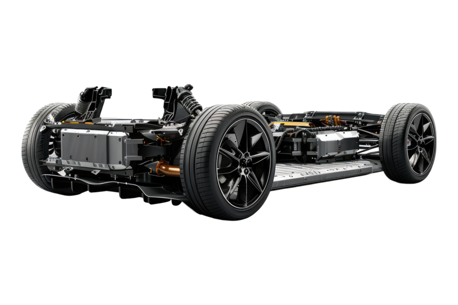 Electric car chassis exposing batteries and wiring structure isolated on transparent background. png