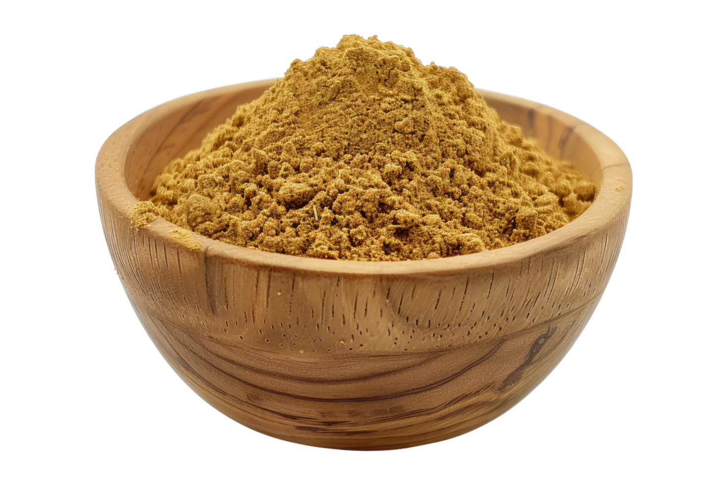 Coriander powder in wooden bowl isolated on transparent background. png