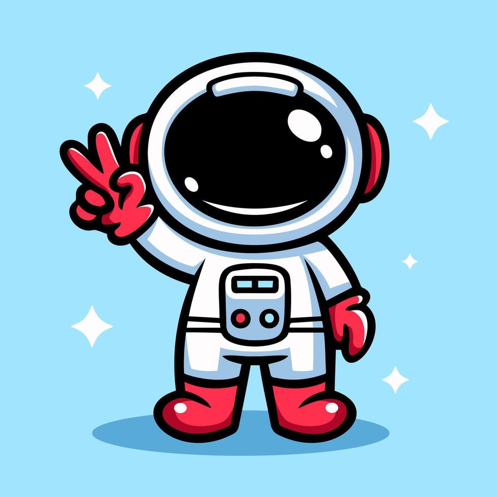 Adorable cartoon astronaut in white spacesuit, black glossy helmet, with peace hand sign, red gloves and boots. Playful,fun vibe. ideal for childrens content. vector