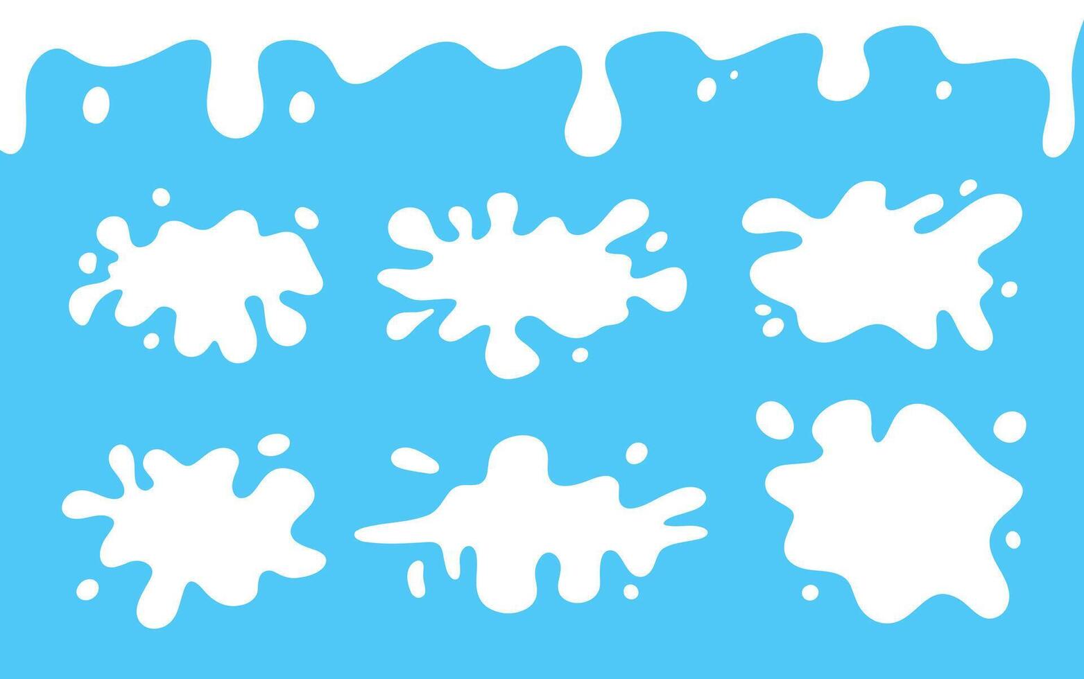 Set flat milk splash. Liquid Shapes illustration. Water, fluid, paint, milk puddle, stain, rounded blot with splashes, drops, blobs, droplets. Design elements. Backgrounds for text vector
