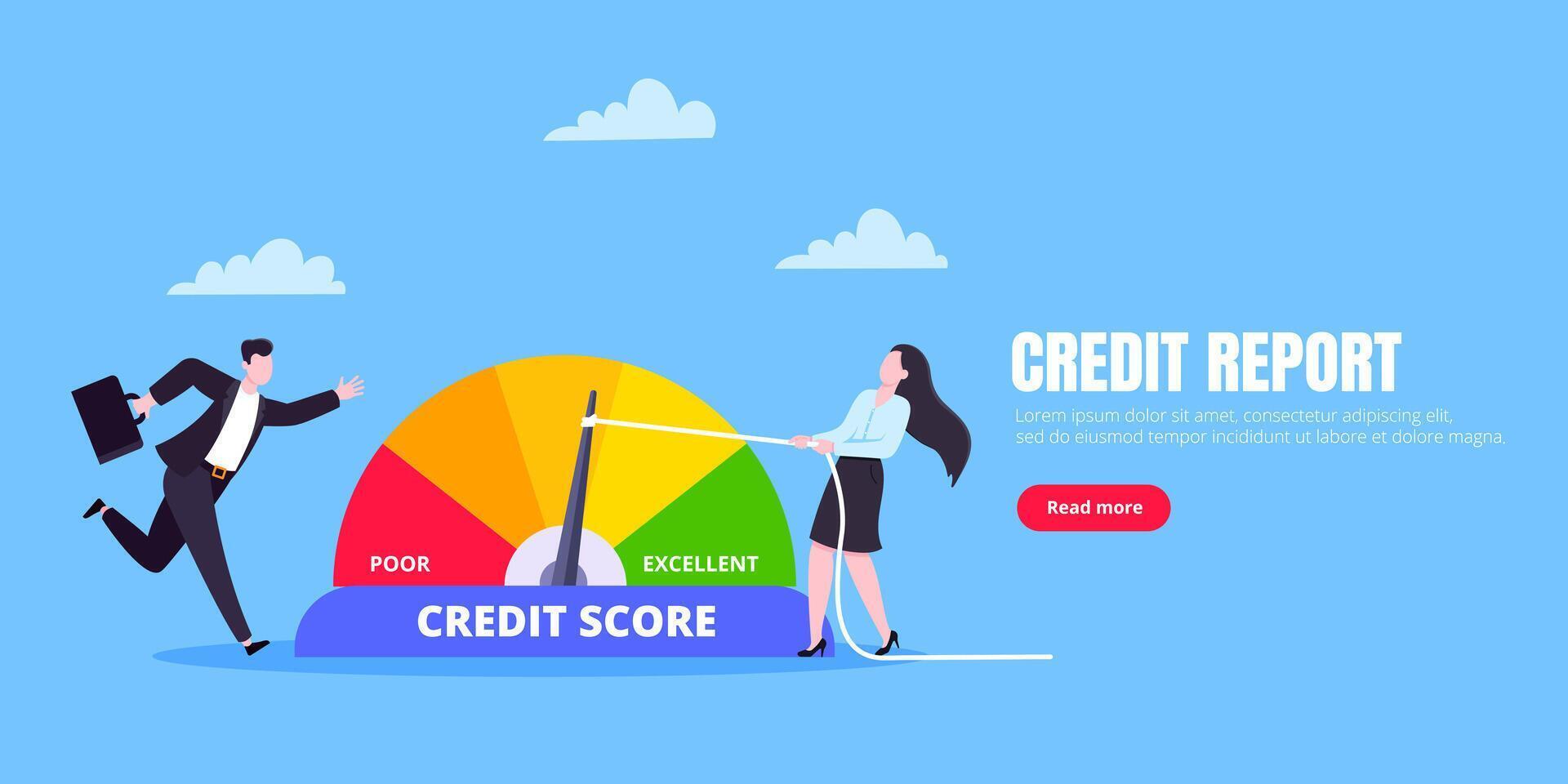 Man and woman push credit score arrow gauge speedometer indicator with color levels. vector