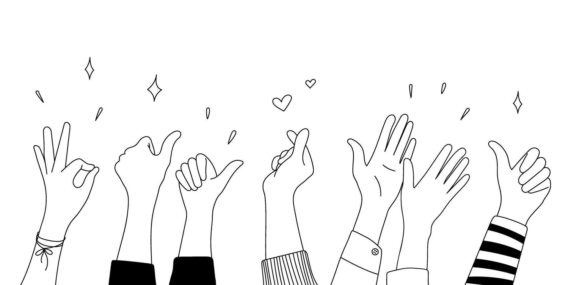 Doodle sketch hands up gestures comic icons silhouettes set. vector