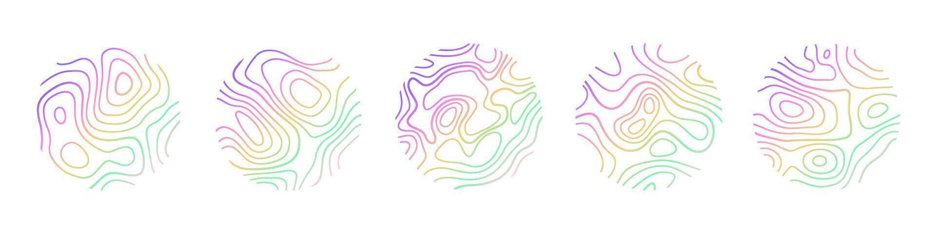 Circular wood rings or topographic map lines texture set. Wood tree topographic abstract lines collection vector