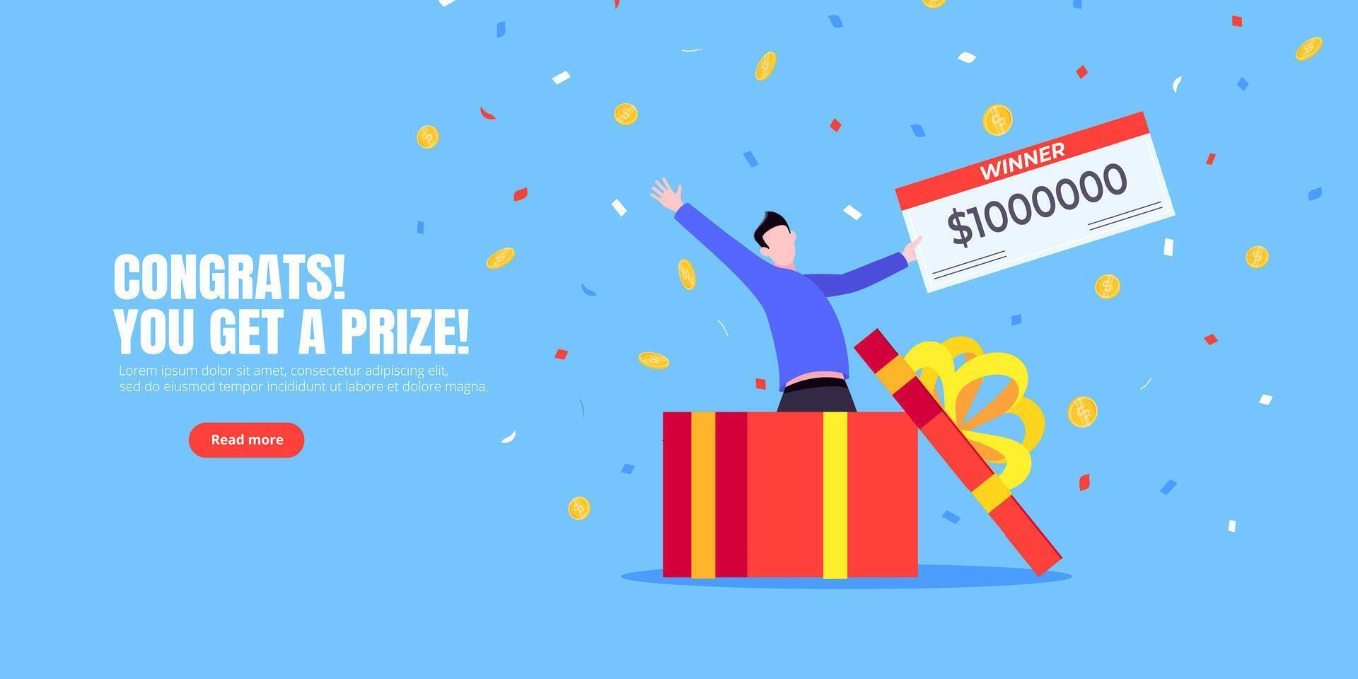 Happy lottery winners with big prize paycheck. vector