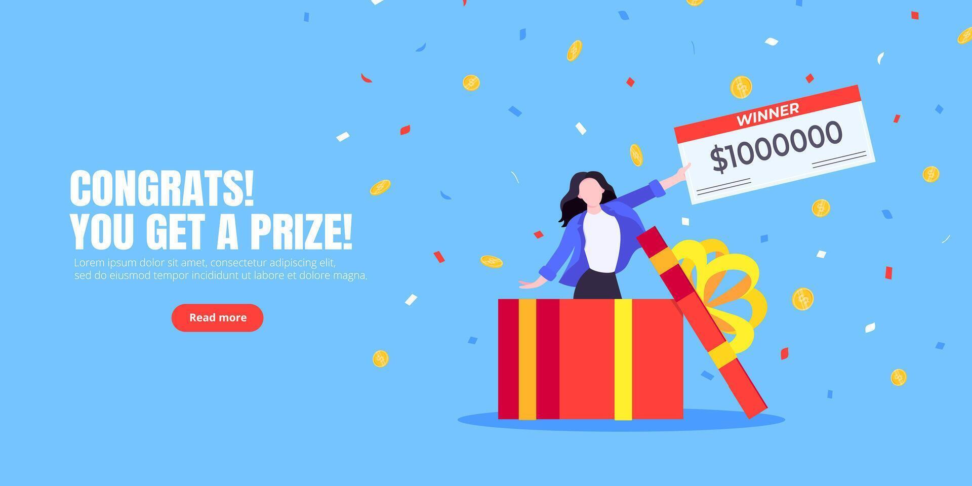 Happy lottery winner with big prize paycheck and gift box. vector