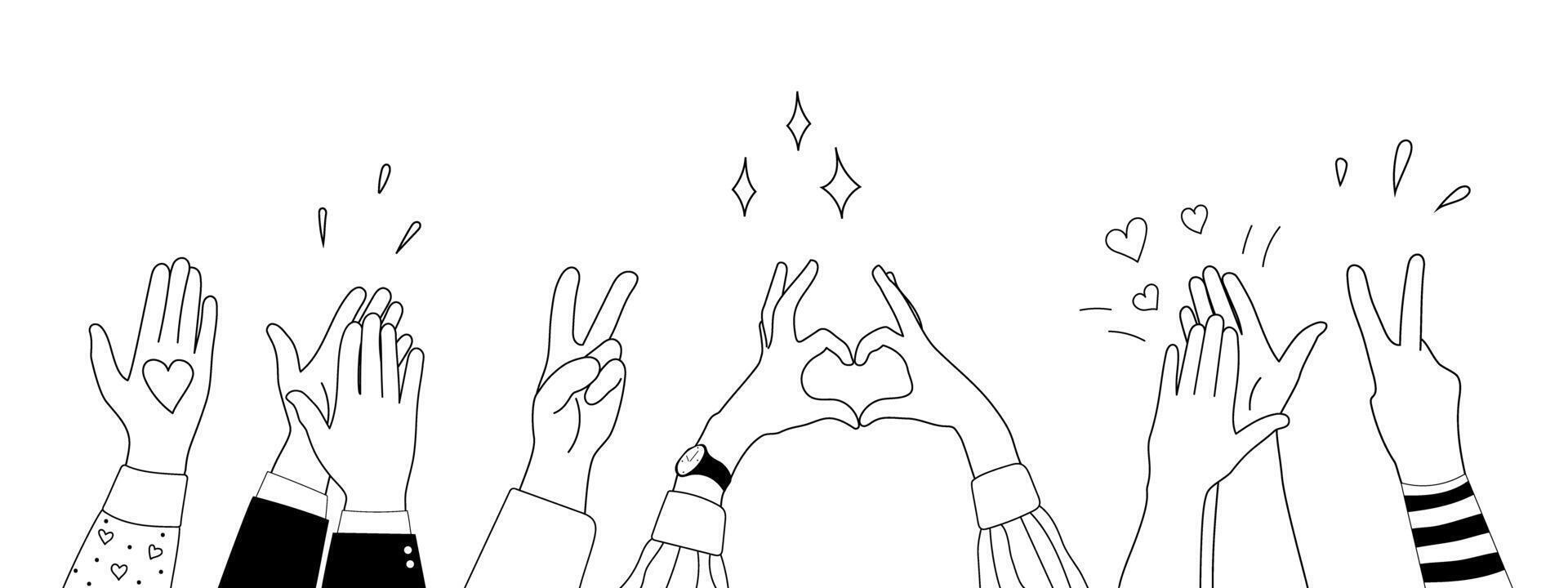 Doodle sketch hands up gestures comic icons silhouettes set. vector