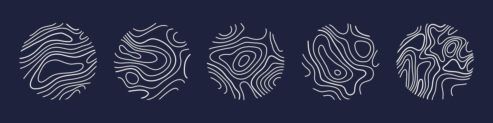 Circular wood rings or topographic map lines texture set. Wood tree topographic abstract lines collection vector