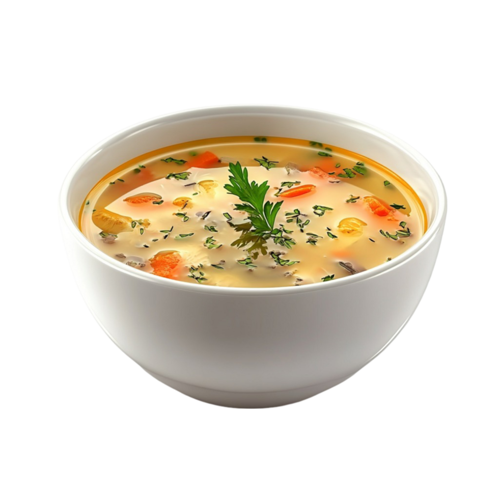 Bowl of Soup with Herbs and Sprig on Transparent background png