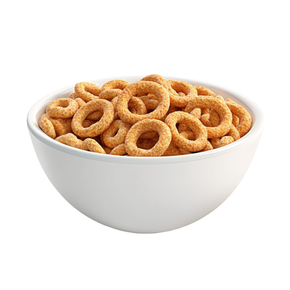 Bowl of Yellow Ring Cereal in White Bowl on Transparent background png