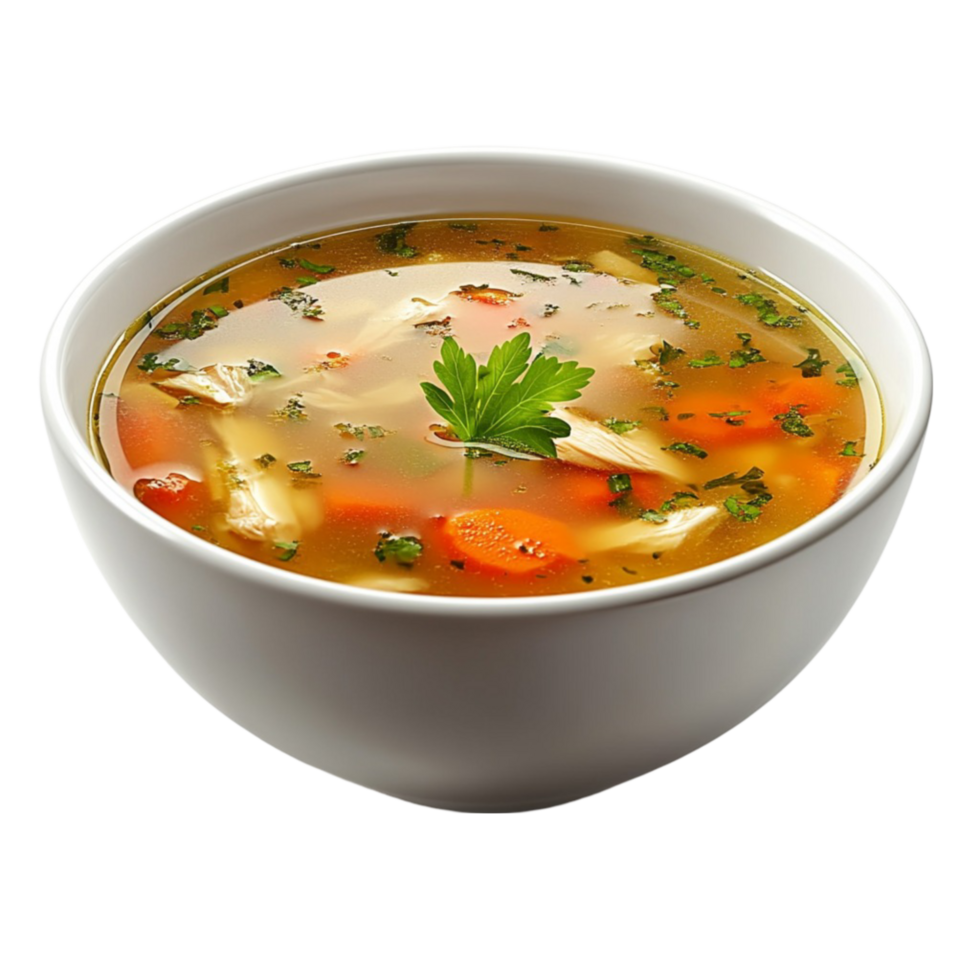 Bowl of Clear Broth Soup with Orange Vegetables on Transparent background png
