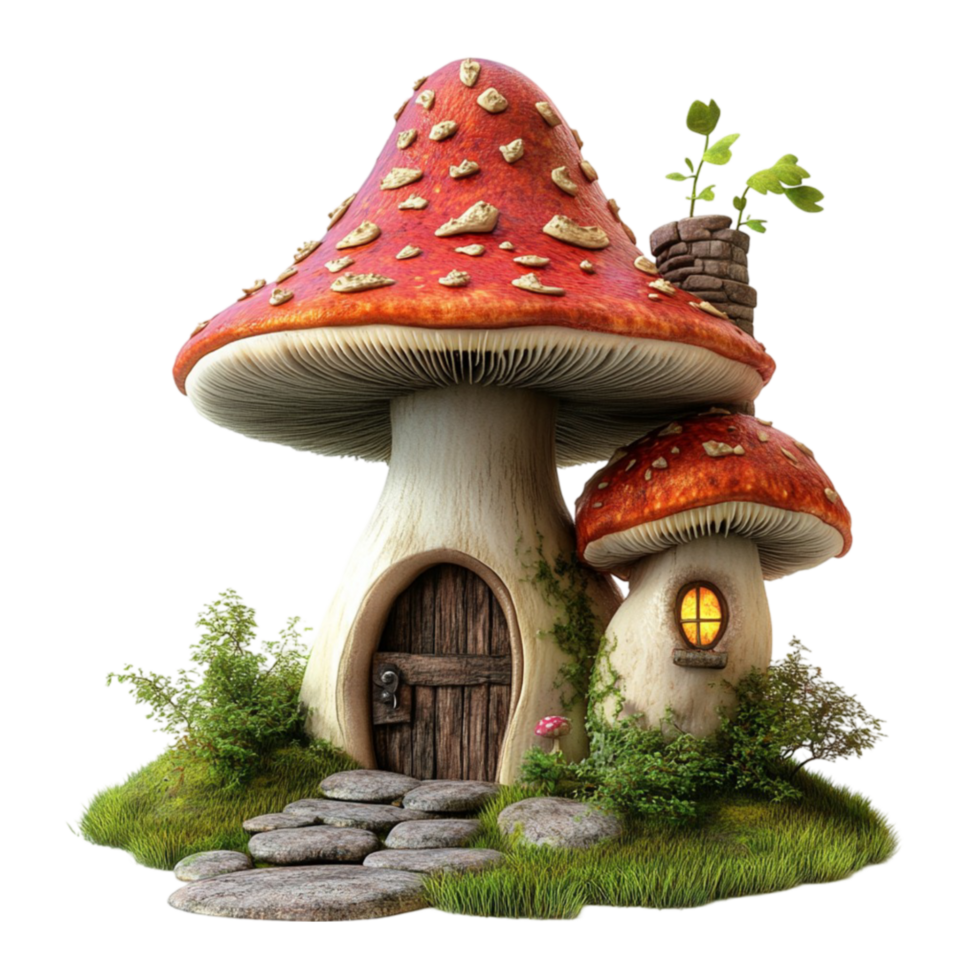 Whimsical Scene with Mushroom on Grassy Patch AI-GeneratIive png