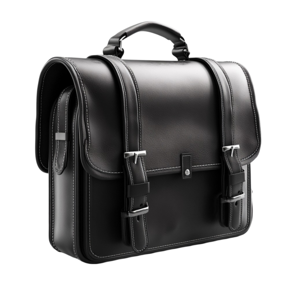 Stylish Black Leather Messenger Bag on Transparent background png