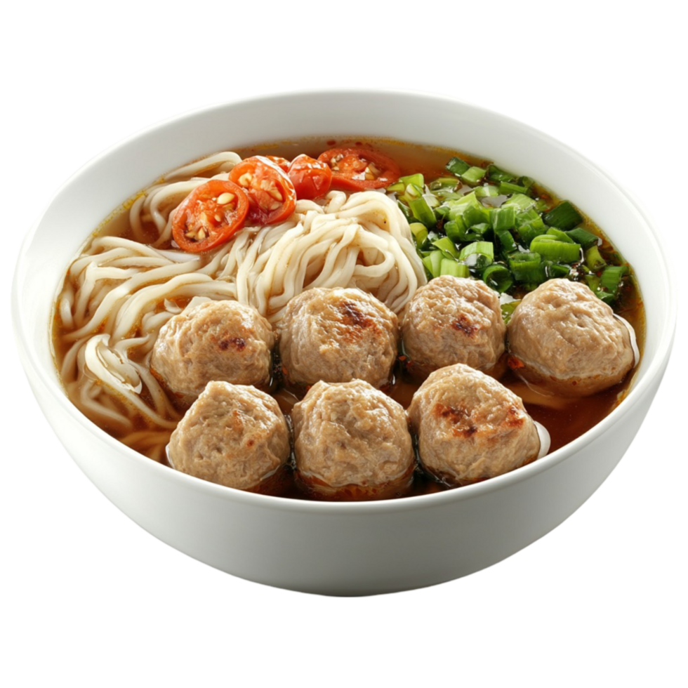 Bowl of Beef Noodle Soup with Beef Balls and Toppingson Transparent background png