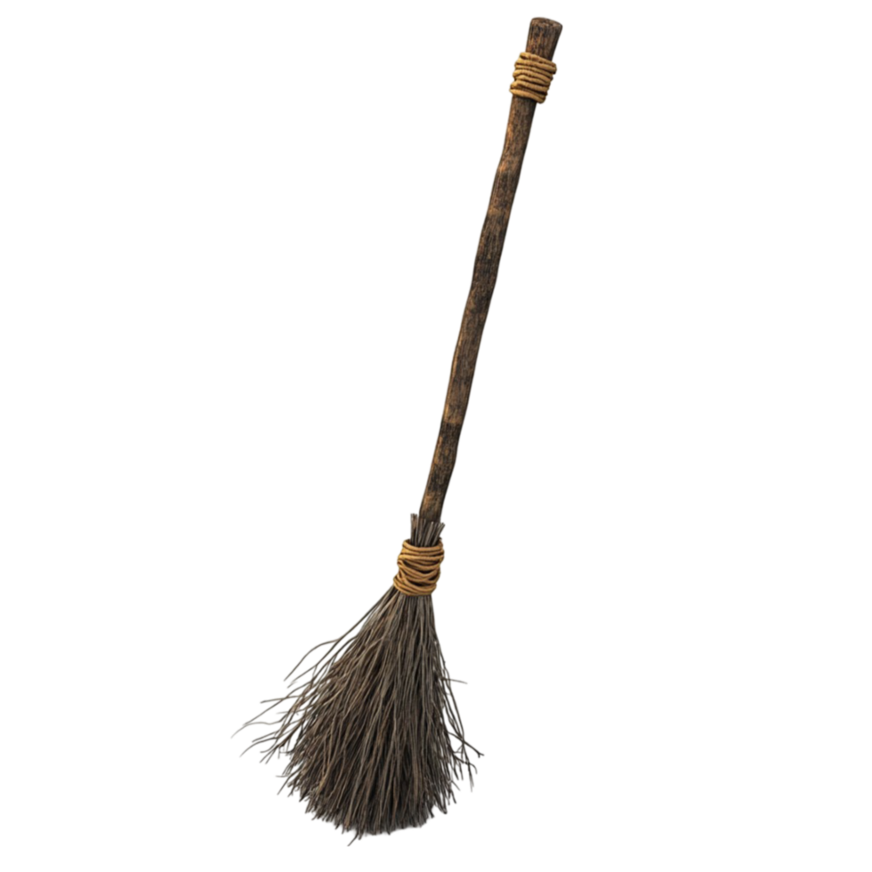 Wooden Broom with Brown Handle and Black Bristles AI-GeneratIive png