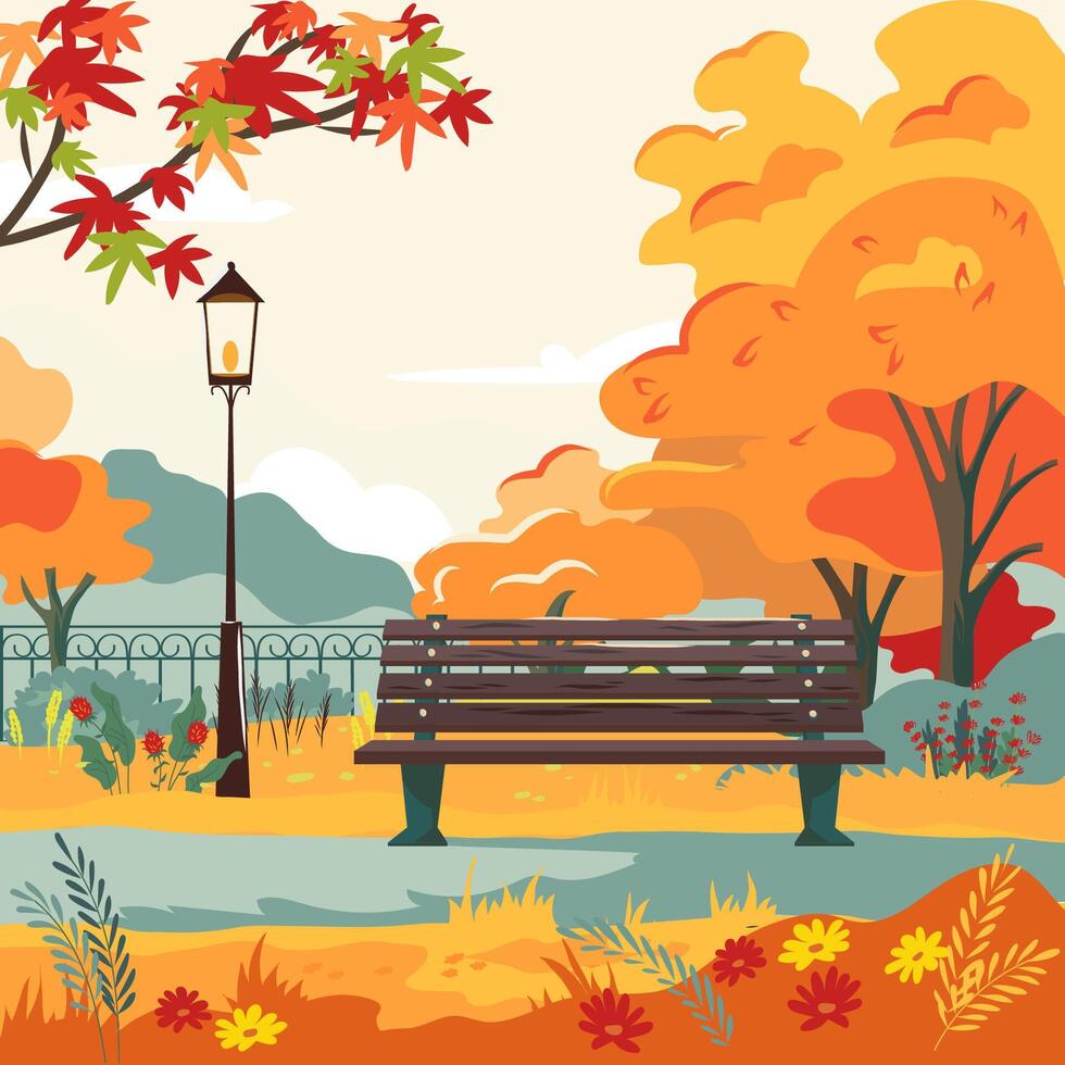 Bench in autumn public garden. City park with yellow, orange, red trees, grass, wooden bench and lantern. illustration cartoon fall landscape with empty park vector
