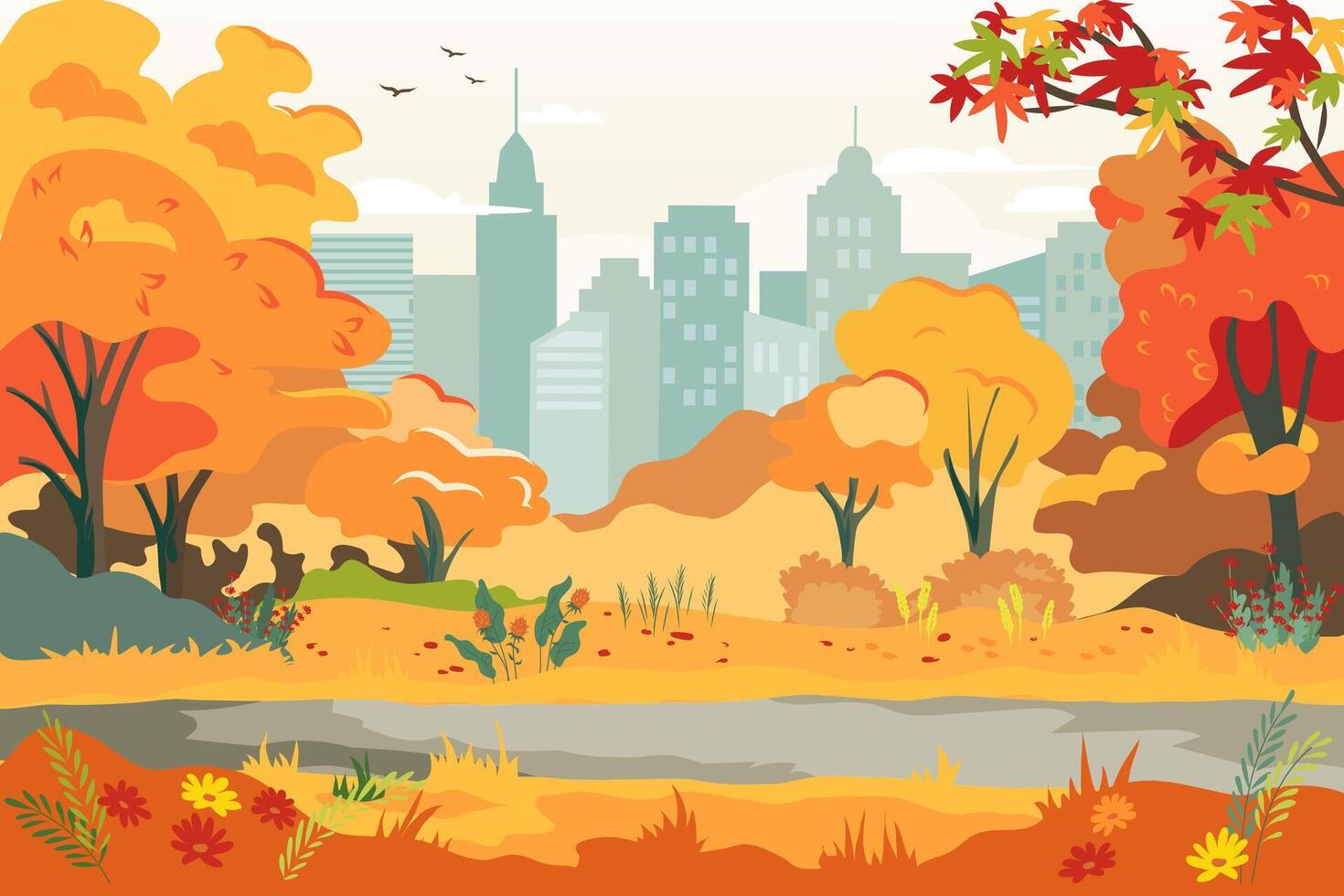 Public autumn garden in the City. Panoramic view of city park with yellow trees, grass and cityscape on background. illustration fall landscape with empty park and town buildings on skyline vector