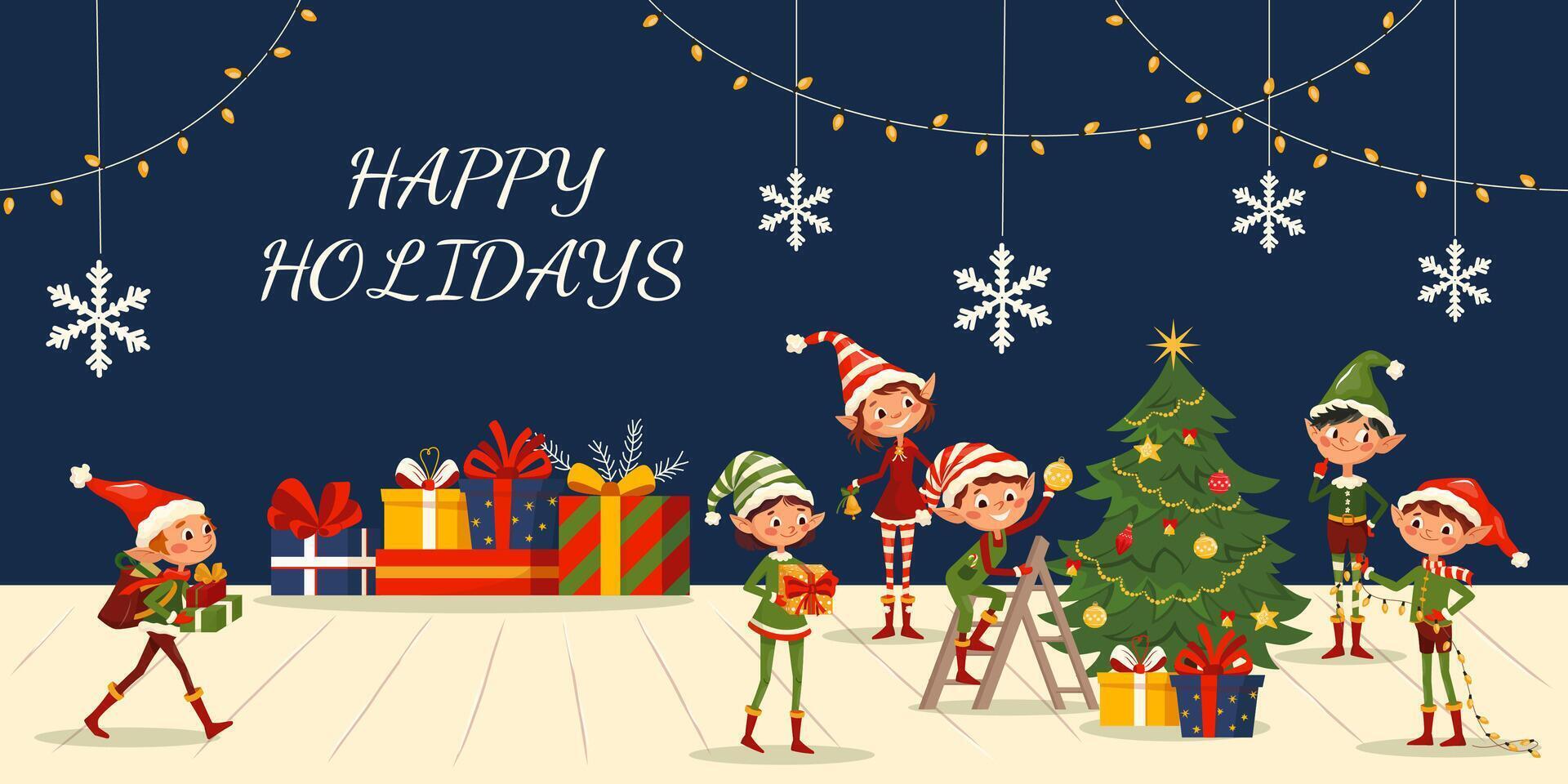 Winter holidays banner with elves and presents templates with Santa Claus little helpers fun characters Cute kids design for print, party invitation, flyer, banner. Merry Christmas 2025 cover vector