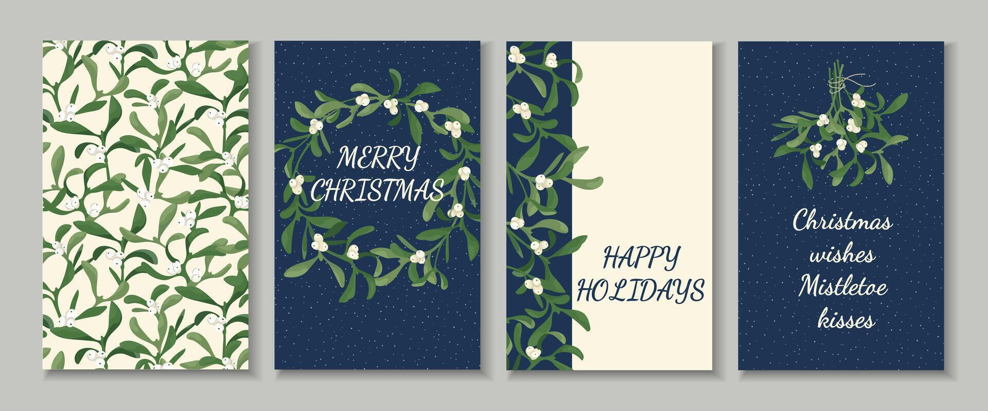 Set of holidays cards with mistletoe Christmas poster templates with wreath, bunch made of mistletoe garland, border and pattern Elegant design for print, card, flyer, banner, social media post vector