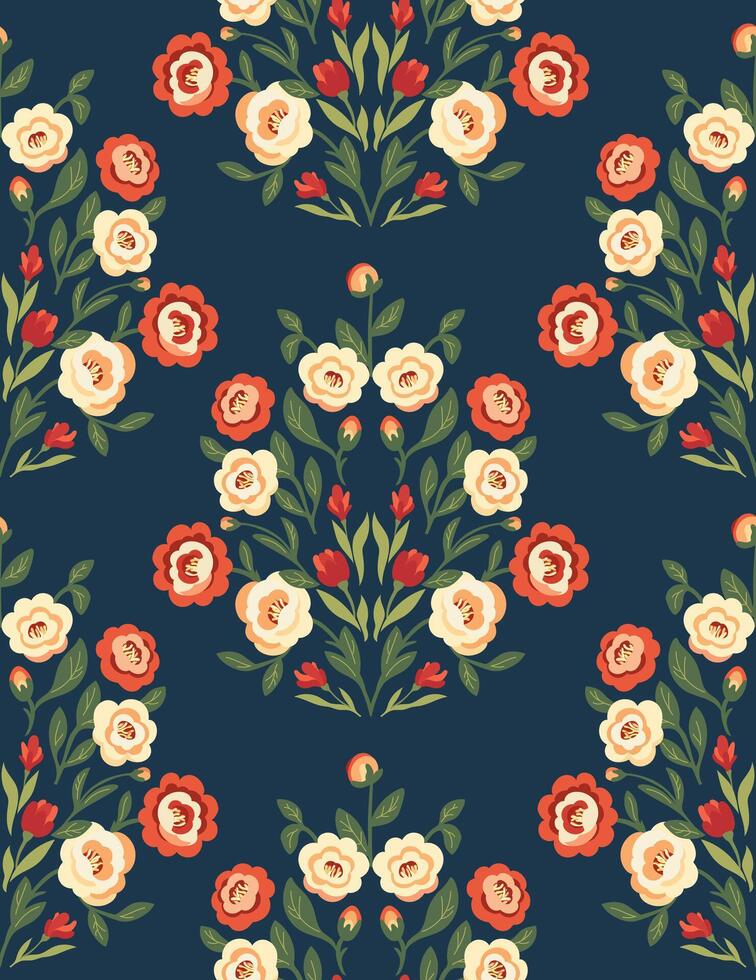 folk art pattern with floral rhombus composition on dark blue background. Botanical ornament with decorative flowers Texture with symmetrical bloom plants ethnic style for fabric or wallpaper vector