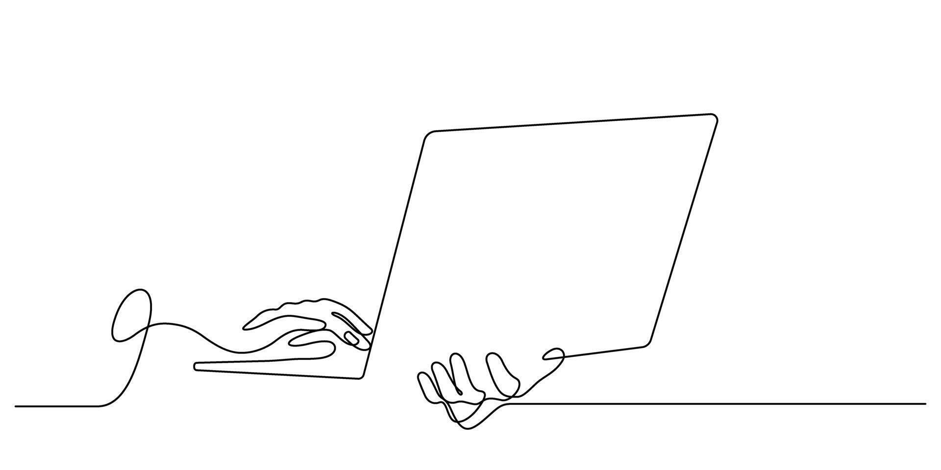 hand using laptop one line drawing continuous online working vector
