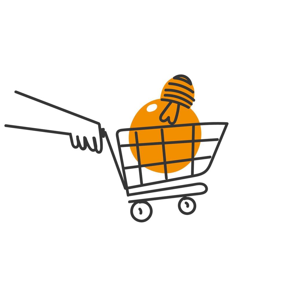 a hand holding a shopping cart with an orange inside vector
