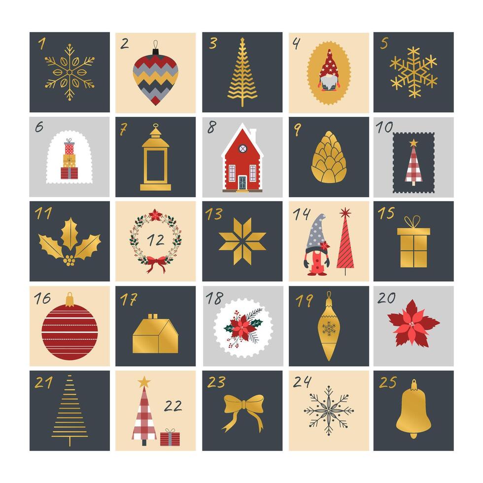 Christmas advent calendar in Scandinavian style. Cute Christmas illustrations and numbers. Winter festive tradition. Countdown holiday calendar. . vector