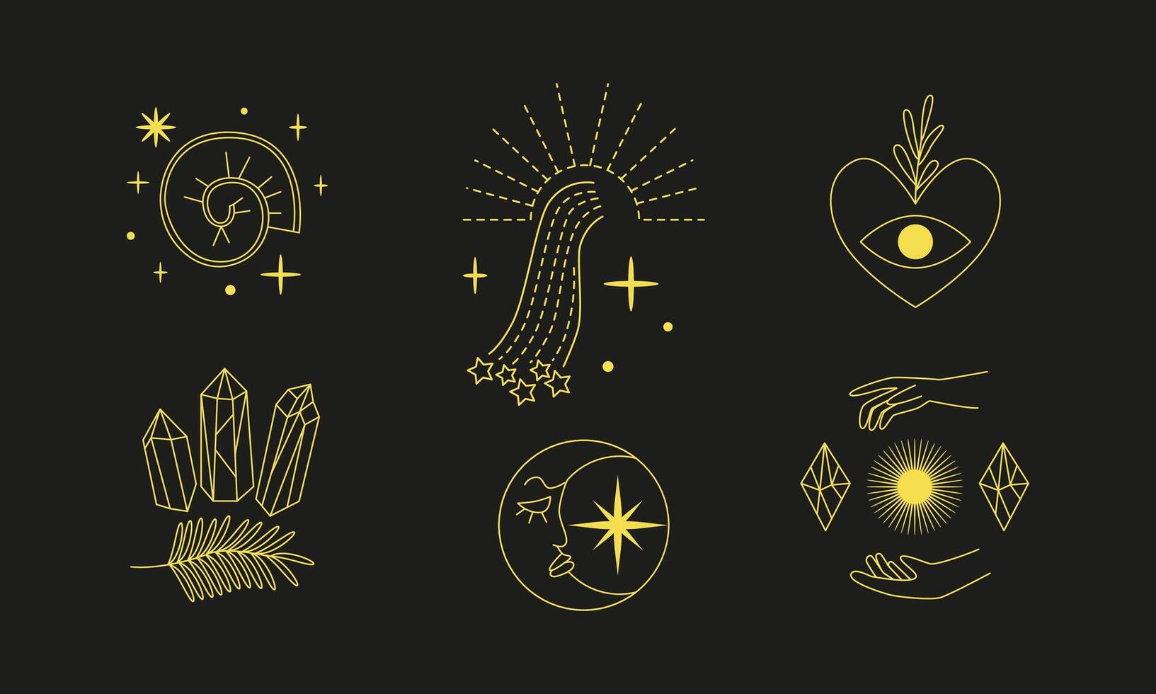 Linear magic celestial esoteric Illustrations. Mysterious logos, prints. Line art linear hands gestures, crystals, celestial symbols. Witch, esoteric, wizard. vector