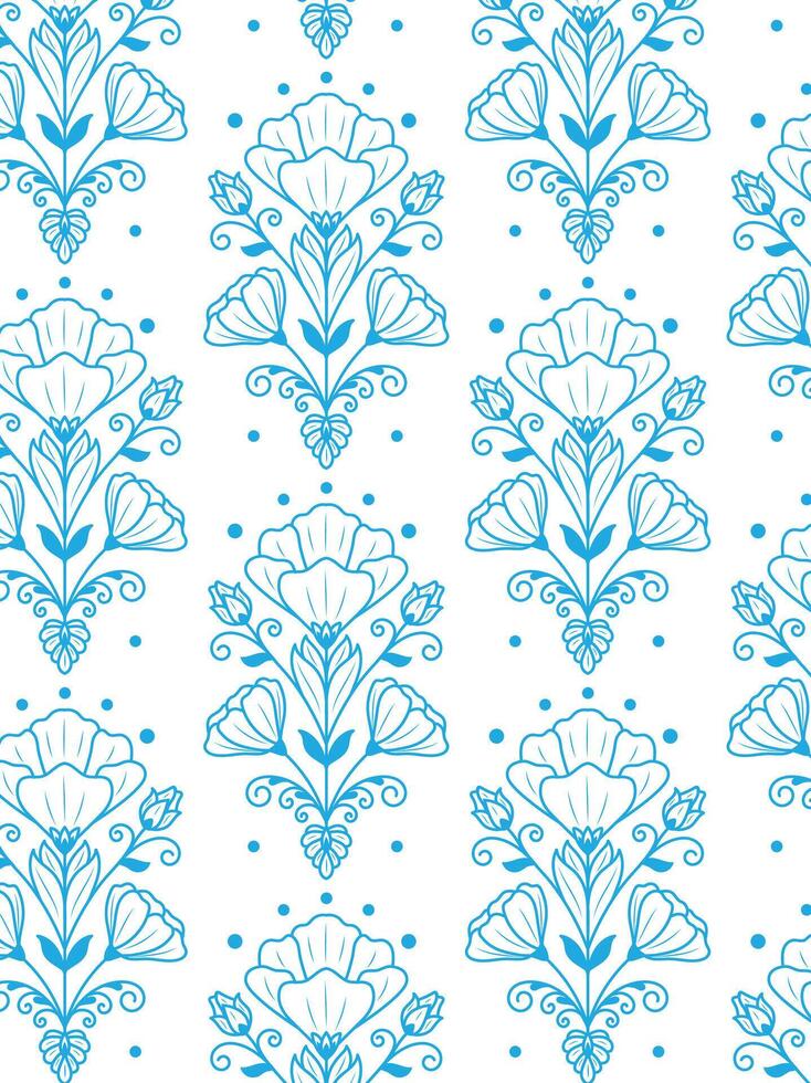 Floral Blue and white outlines seamless pattern. vector