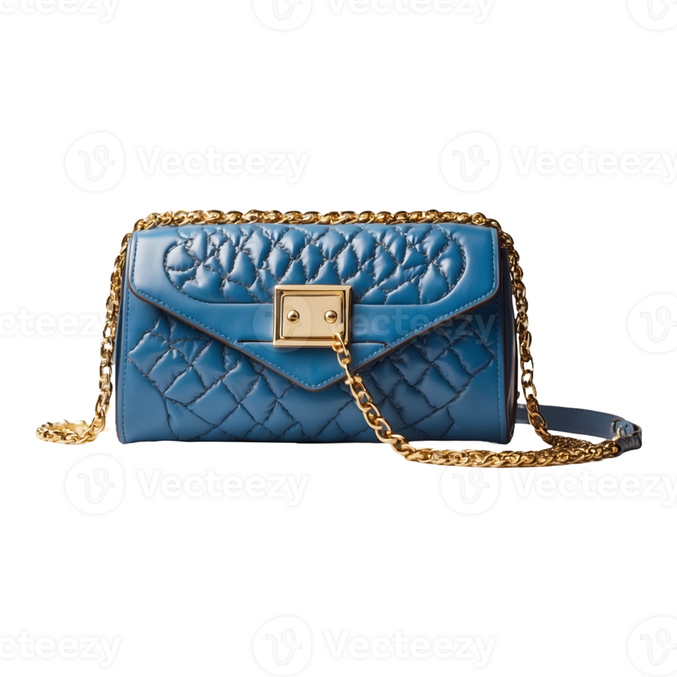 a blue and gold purse with a gold chain on it Isolated on a Transparent Background png