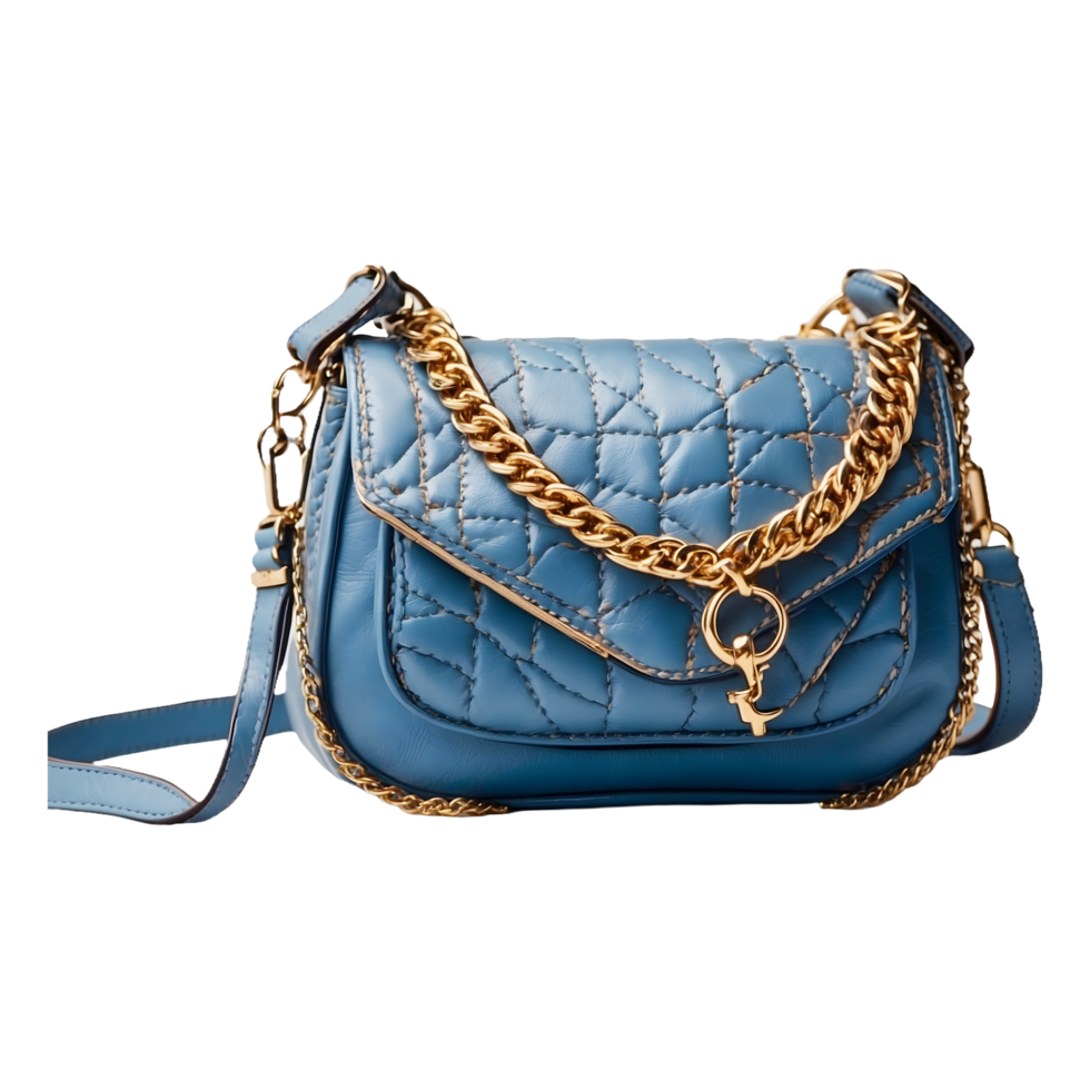 a brown leather purse with a blue leather strap Isolated on a Transparent Background png