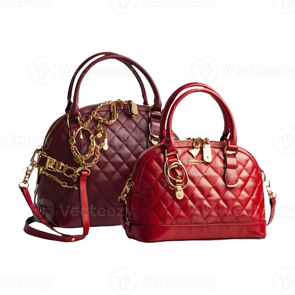 two bags with gold straps and a red bag with a gold strap Isolated on a Transparent Background png