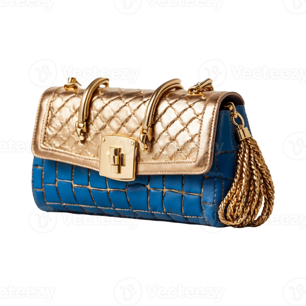 a blue and brown bag with a gold buckle is sitting Isolated on a Transparent Background png