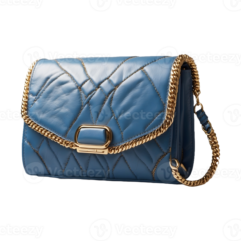 a blue leather bag with gold stitching and a gold chain Isolated on a Transparent Background png