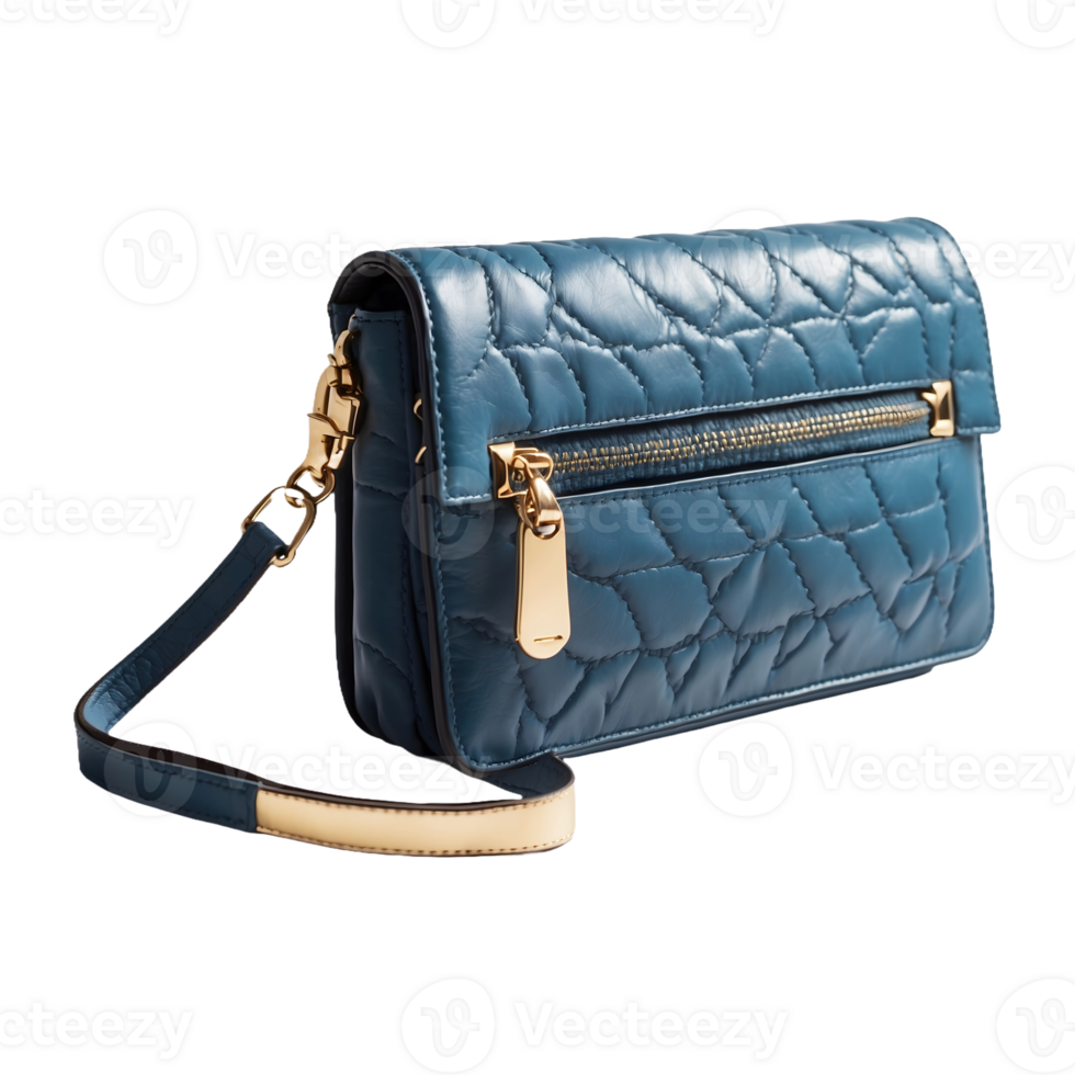 a blue leather wallet with a gold chain and a gold chain Isolated on a Transparent Background png