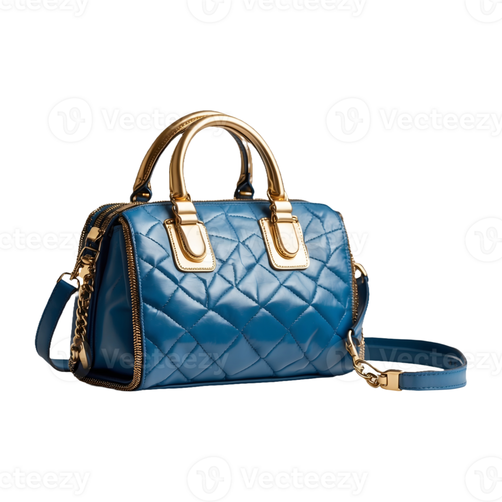 a blue and gold purse with a gold chain Isolated on a Transparent Background png