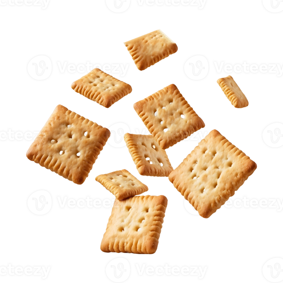 Square salty crackers in motion, isolated on a transparent background png