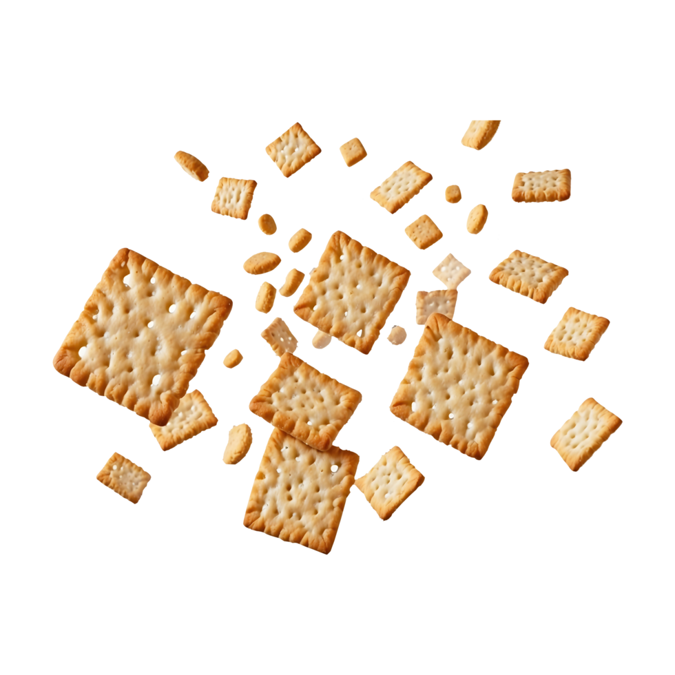 Crispy square salty crackers flying across a transparent background png