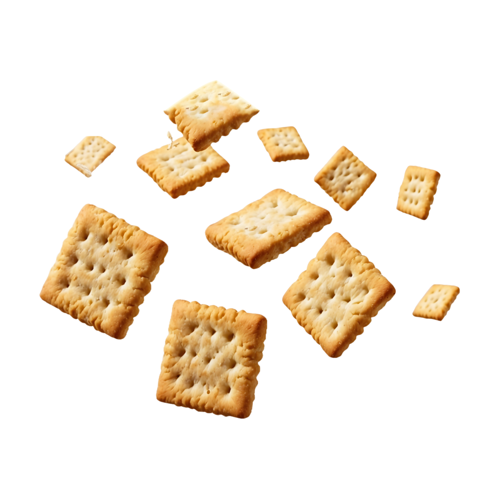 Flying square salty crackers with perfect isolation on a transparent background png