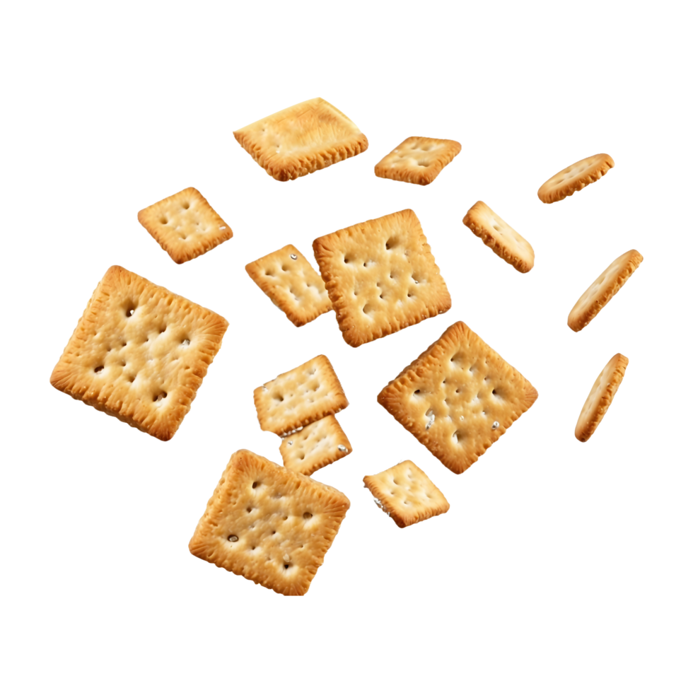 Savor the crunch of flying square salty crackers, isolated on a transparent background png